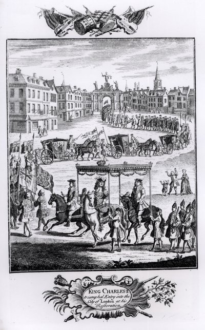 Koning Karel II (1630-85): Triomfantelijke Intocht in de Stad Londen bij zijn Restauratie, mei 1660 door English School